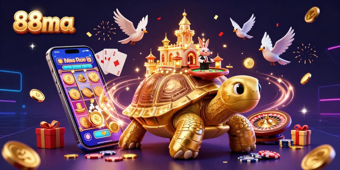 Experience thrilling wins at 88ma with a vibrant 3D casino scene filled with golden tortoise, dealer, and slot games.