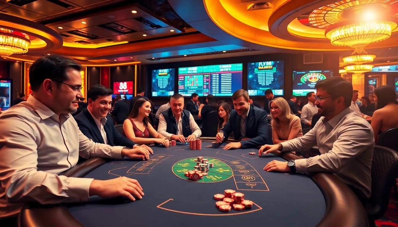 Experience the excitement of fly 88 at a luxurious casino with engaged players and vibrant tables.