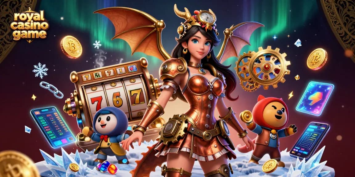 Engage with the royal casino game featuring a captivating woman and a flying dragon among slot elements.