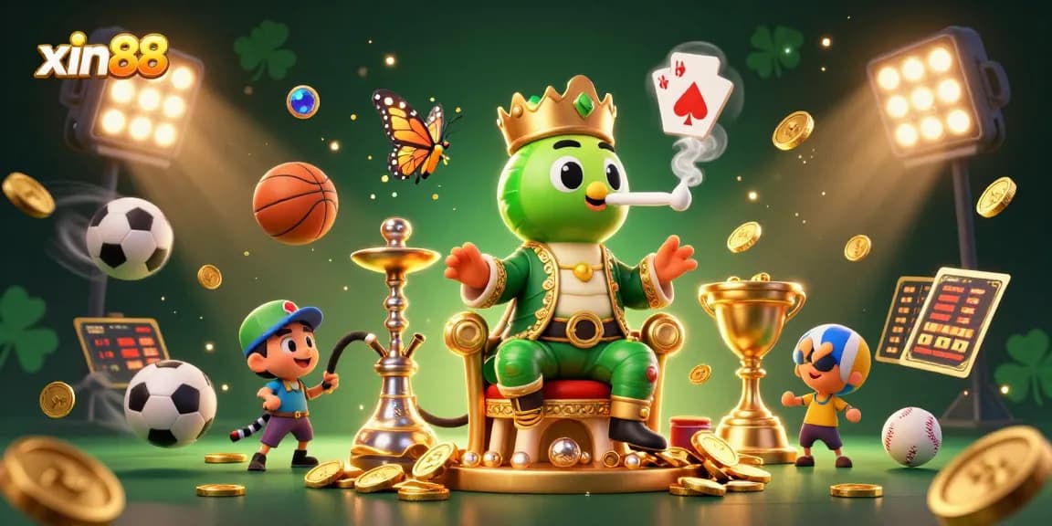 Engage with xin88 in a vibrant 3D illustration packed with casino gaming elements and a lively atmosphere.