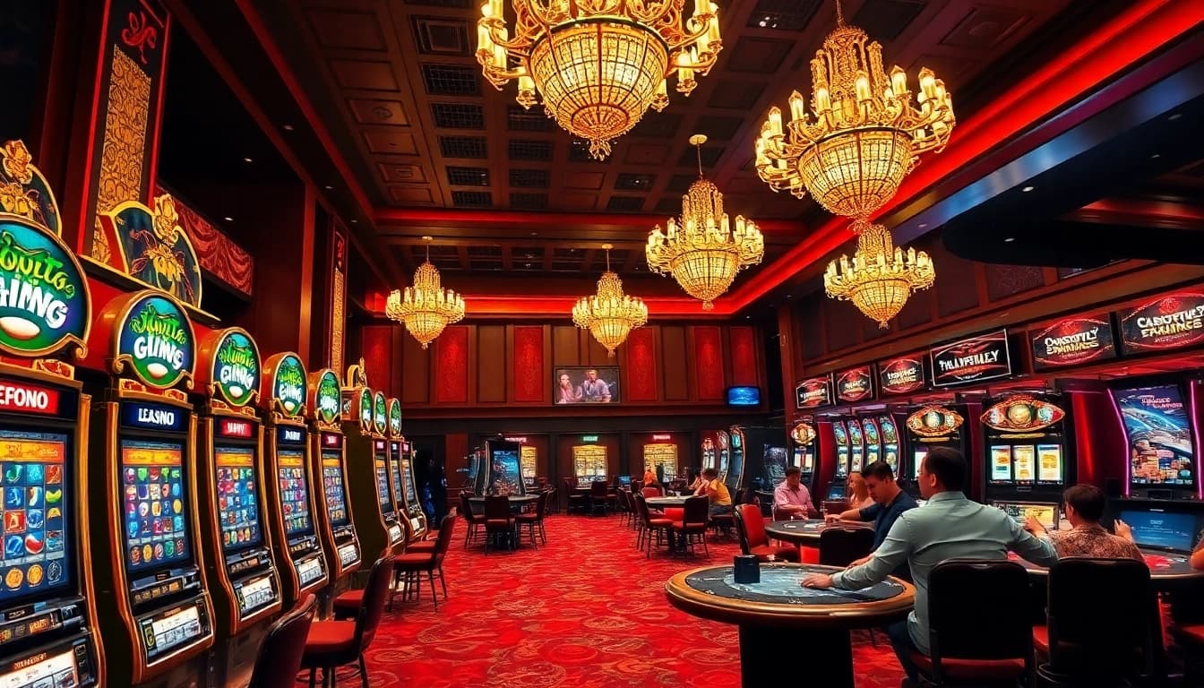 A vibrant casino scene with players enjoying slot machines and games at https://nohudoithuong.life/, showcasing excitement and luxury.