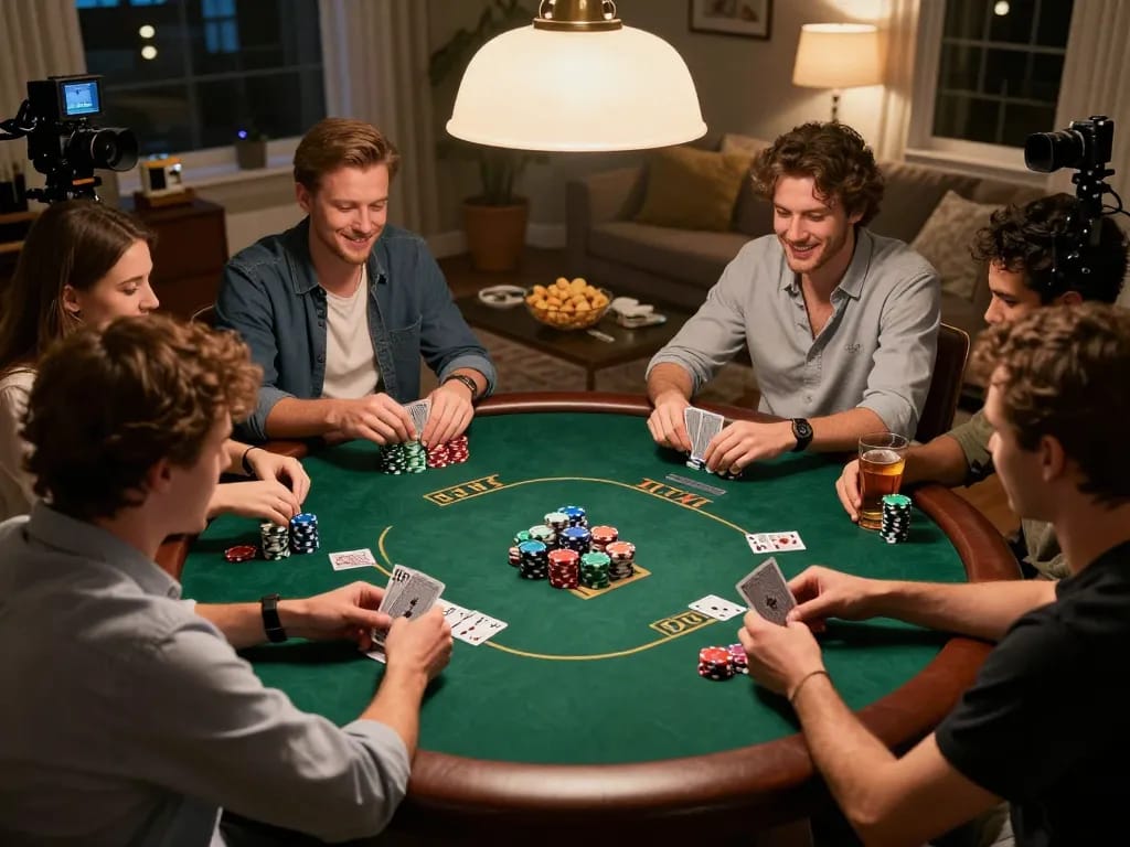 Engaged players at a poker night enjoying strategic play around the table, inspired by 79 king atmosphere.