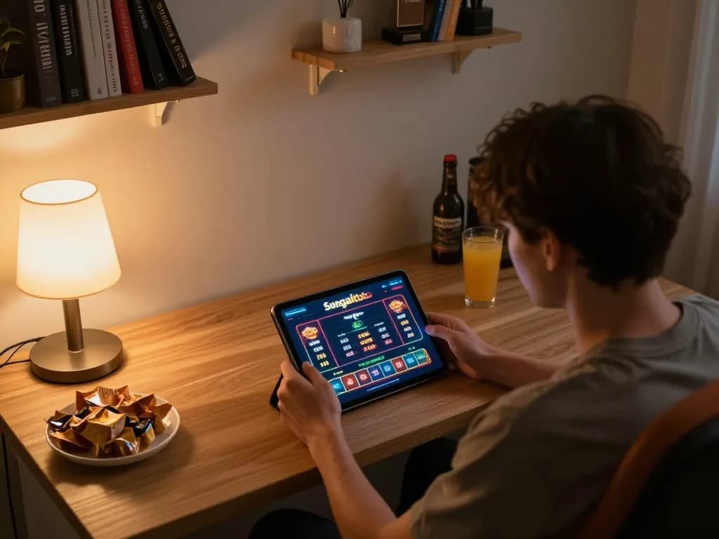 sungaitoto player engaging on tablet while betting in a comforting home setup with stylish decor