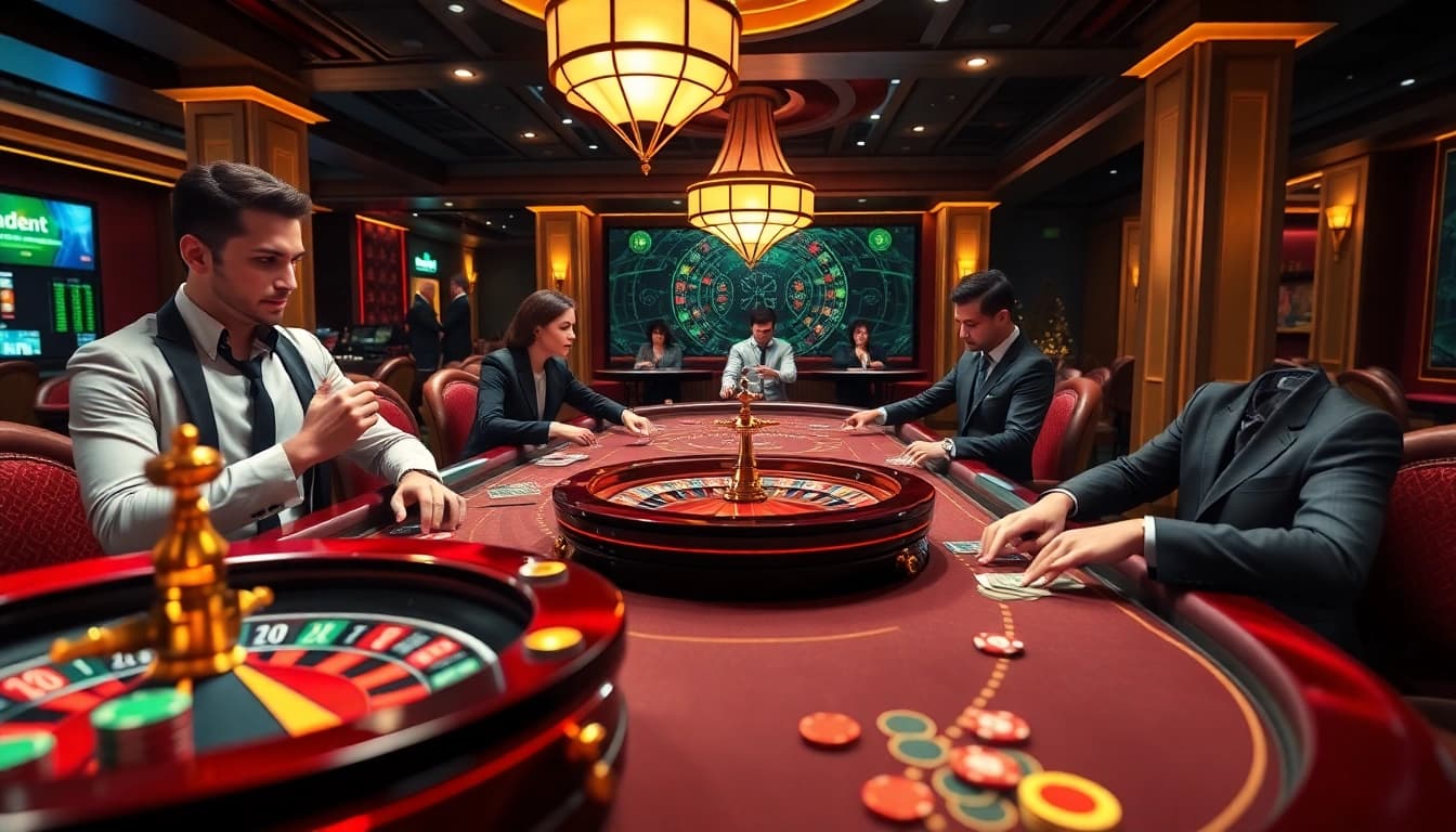 Players enjoying a thrilling game at https://nk88net.com/ with vibrant casino tables and chips.
