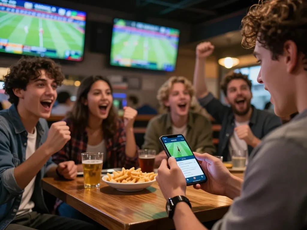 Engaged user placing bets on NOWGOAL app while enjoying a lively sports bar atmosphere.