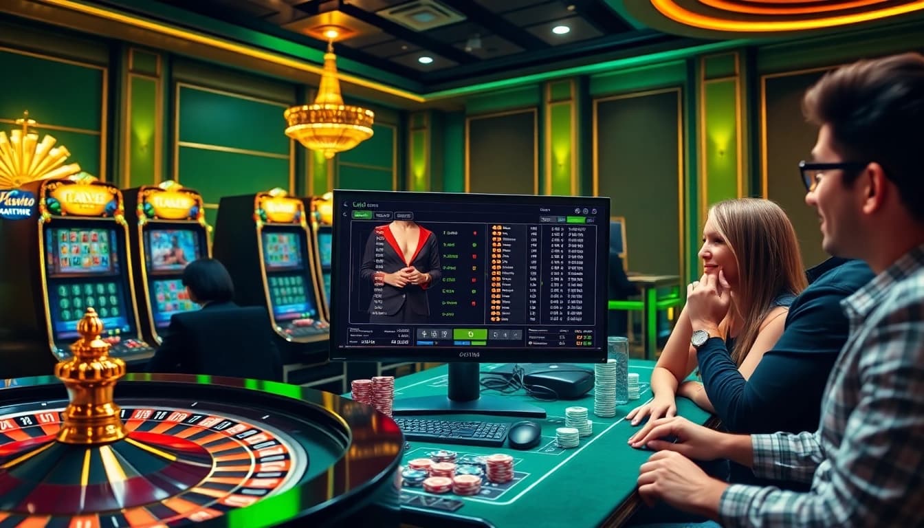 Experience the thrill of gambling with KJC, featuring vibrant casino elements like roulette wheels and slot machines.