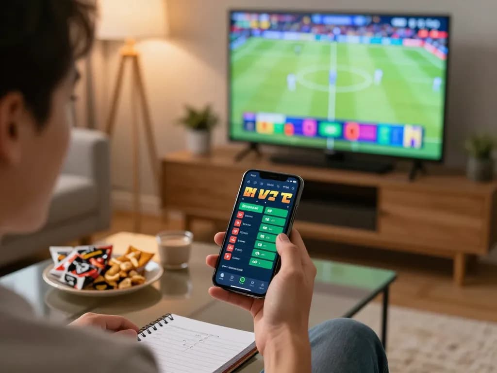 Excited bettor using okfun sports betting app on smartphone, dynamic live wagering scene at home.