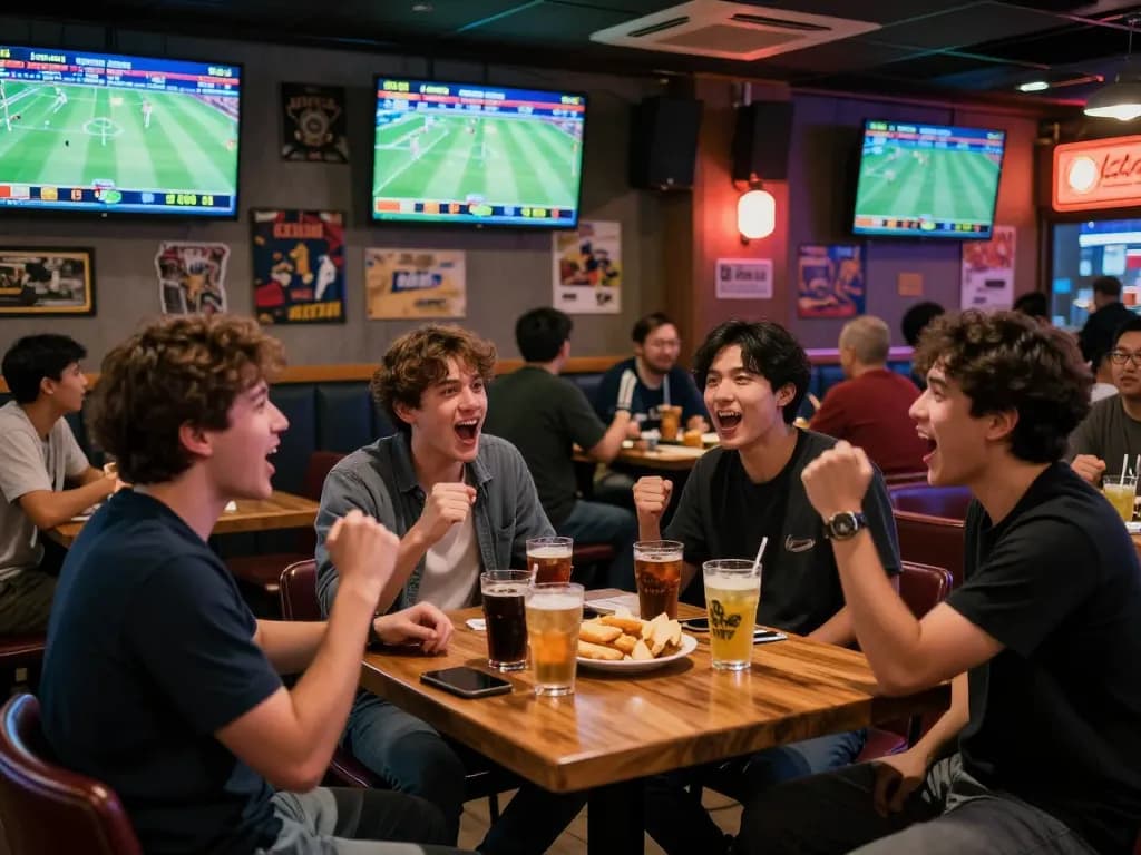 People engaging in sports betting with Bongdallu app at a lively sports bar.