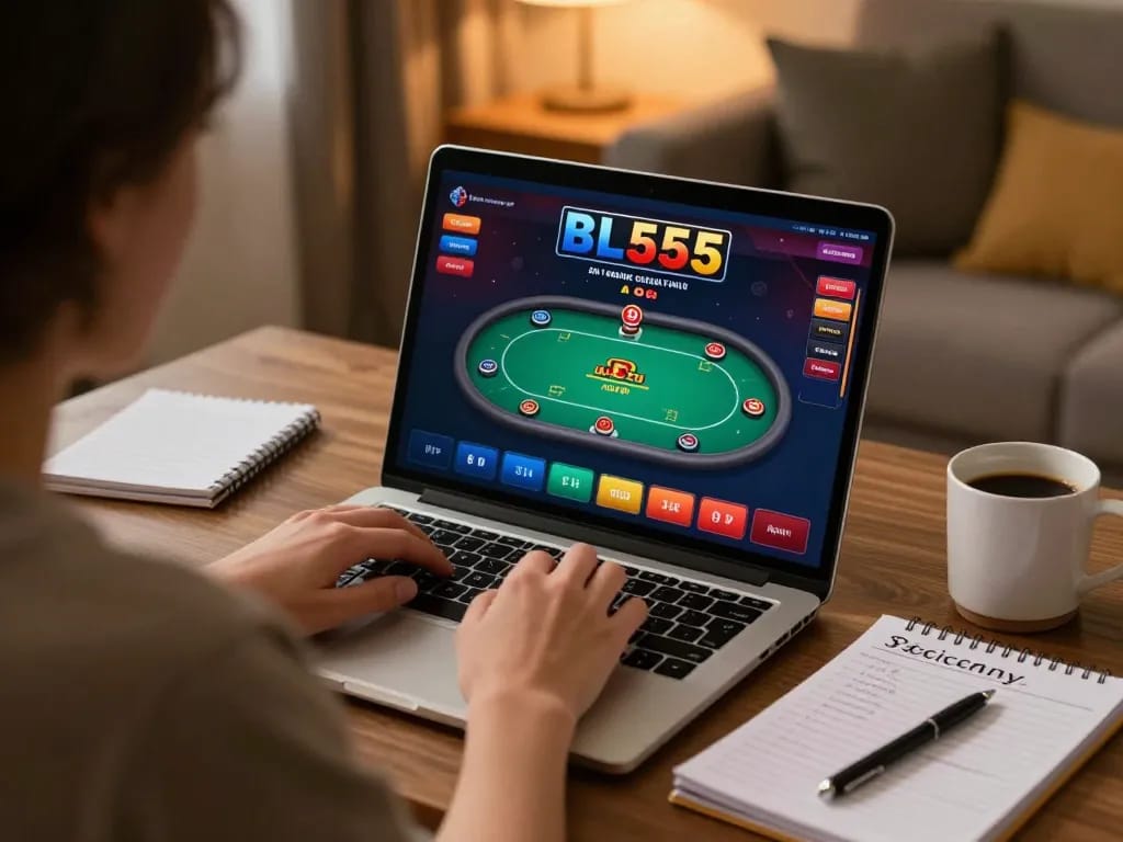 Engaged player using laptop for BL555 online games, showing strategic gameplay.