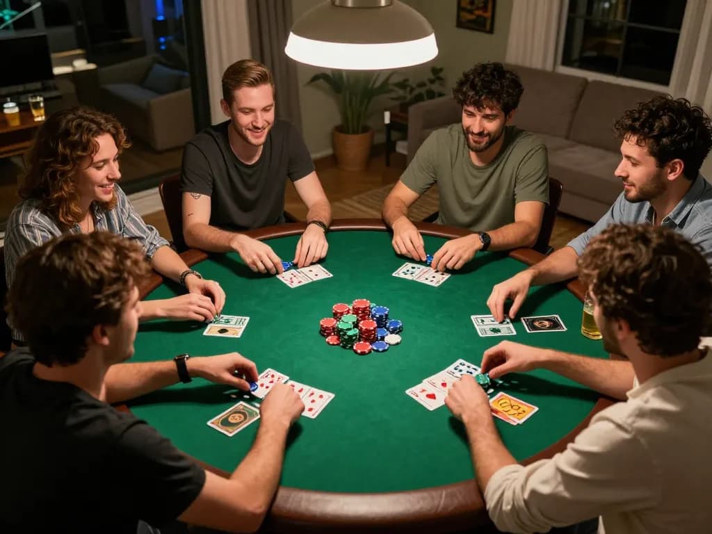 Nohu90 players actively engaging in a friendly poker game, showcasing chips and cards in a vibrant atmosphere