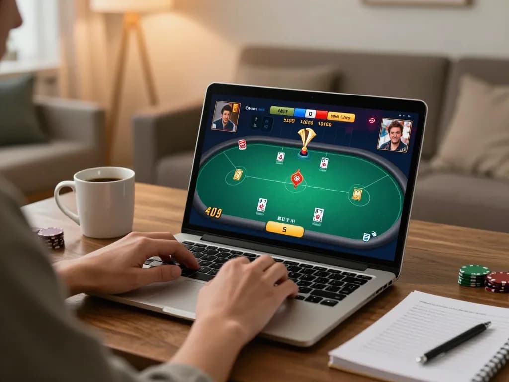 Player enjoying an online poker game on qq88pro from a cozy home setting, highlighting strategic gameplay.