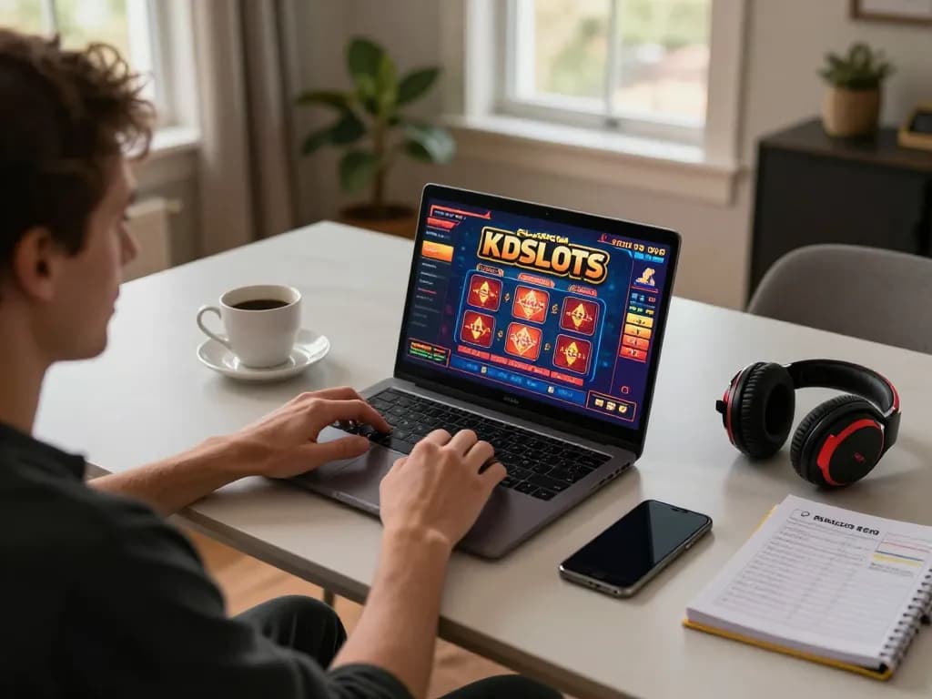 KDSlots player enjoying an online gaming session with vibrant graphics on a laptop at home.