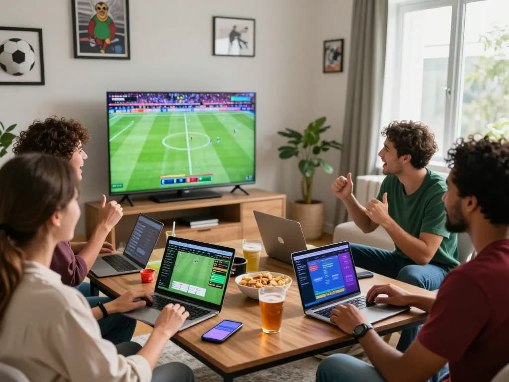 Friends engaging in vaobong 1gom sports betting with laptops and TV, vibrant atmosphere.