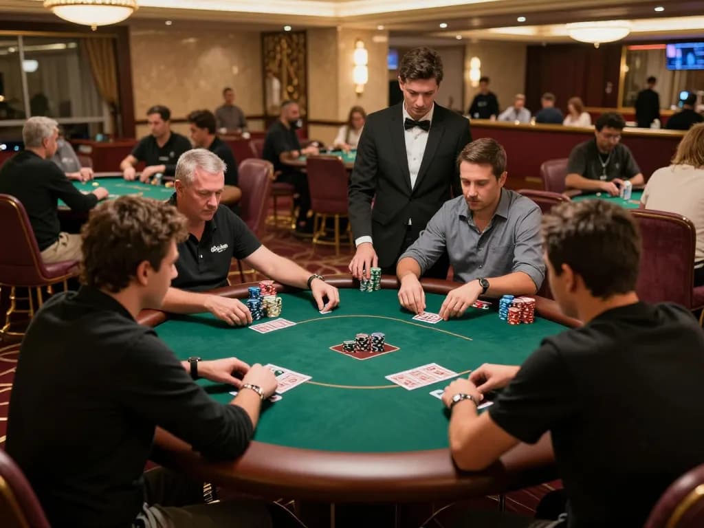 Engaged players at a fed poker tournament in a luxurious casino, showcasing strategic gameplay and excitement