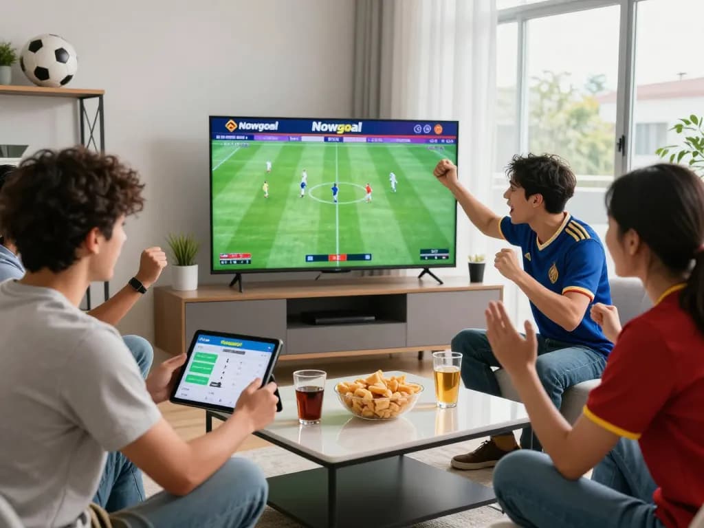 Friends enjoying sports betting at home using Nowgoal for live scores and updates.