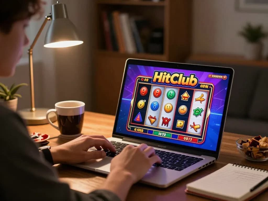 Engaging player participating in Hitclub online casino games at home using laptop for slot machines.