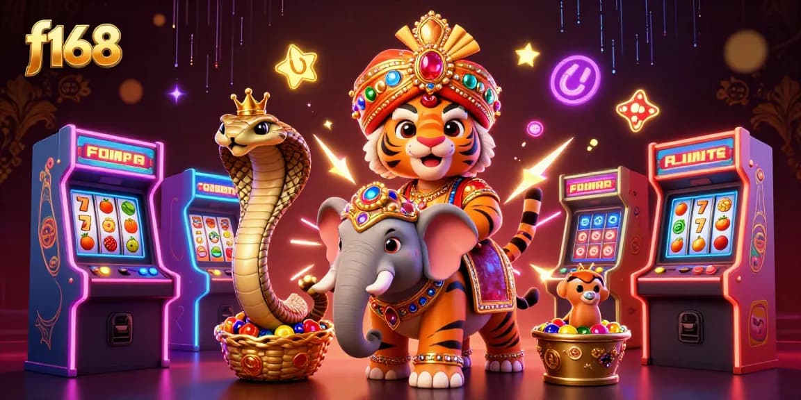 Experience the excitement of f168 with a vibrant 3D casino illustration featuring dynamic elephants, tigers, and gaming elements.