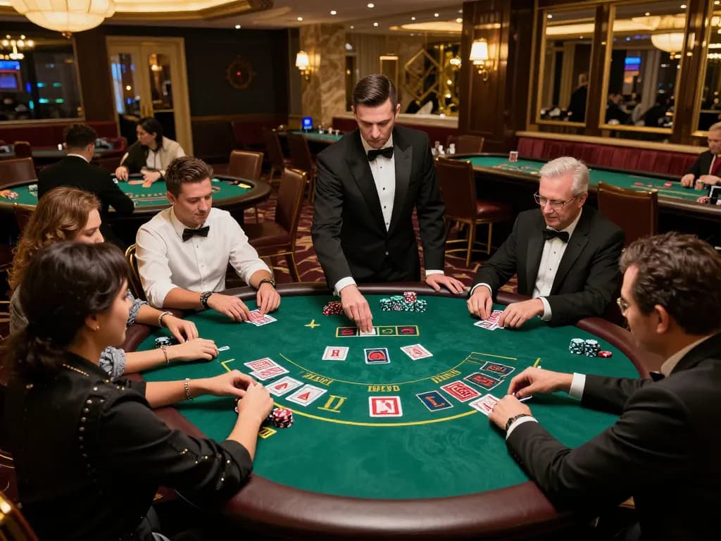 Go8 players strategizing at a blackjack table in a luxurious casino, showcasing dynamic gaming action