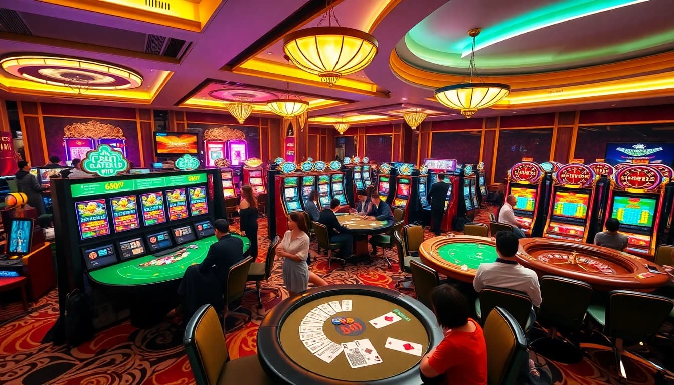 Players enjoying exciting games at Nhà Cái 68VIP casino with vibrant tables and slot machines.