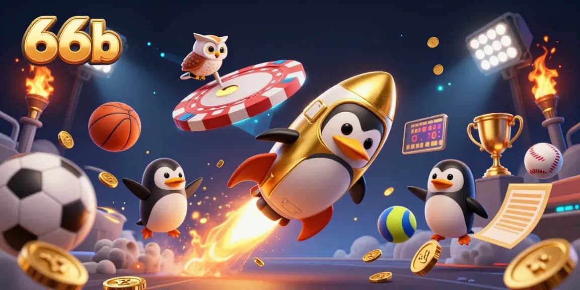 66b showcases a golden penguin soaring towards a cosmic casino station surrounded by dynamic sports elements.
