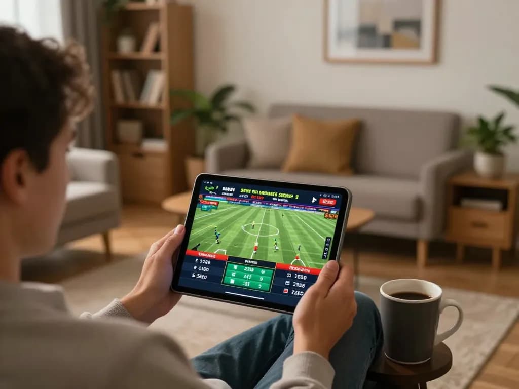Engaging in sports betting on 88vvgo with a tablet in a cozy home setting.