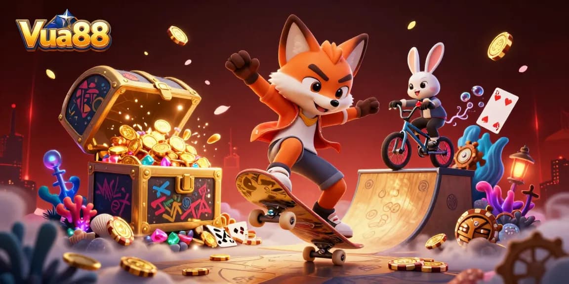 Experience thrilling action with Vua88's vibrant casino-themed 3D illustration showcasing gaming excitement.