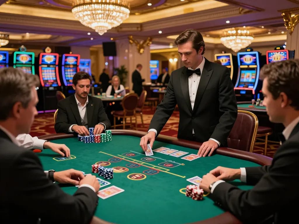 King88 blackjack table action captured with players focused and dealer presenting cards in elegant casino setting.