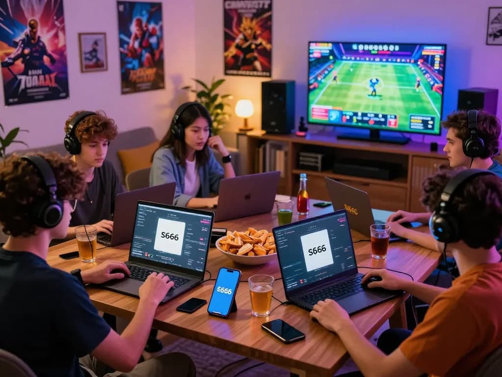 Players enjoying the S666 gaming platform in a lively home setting, showcasing excitement and community.