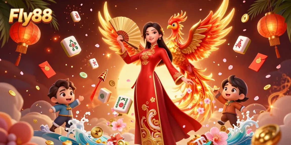Immerse in Fly88's vibrant online casino atmosphere with stunning visuals of games and traditional elements.