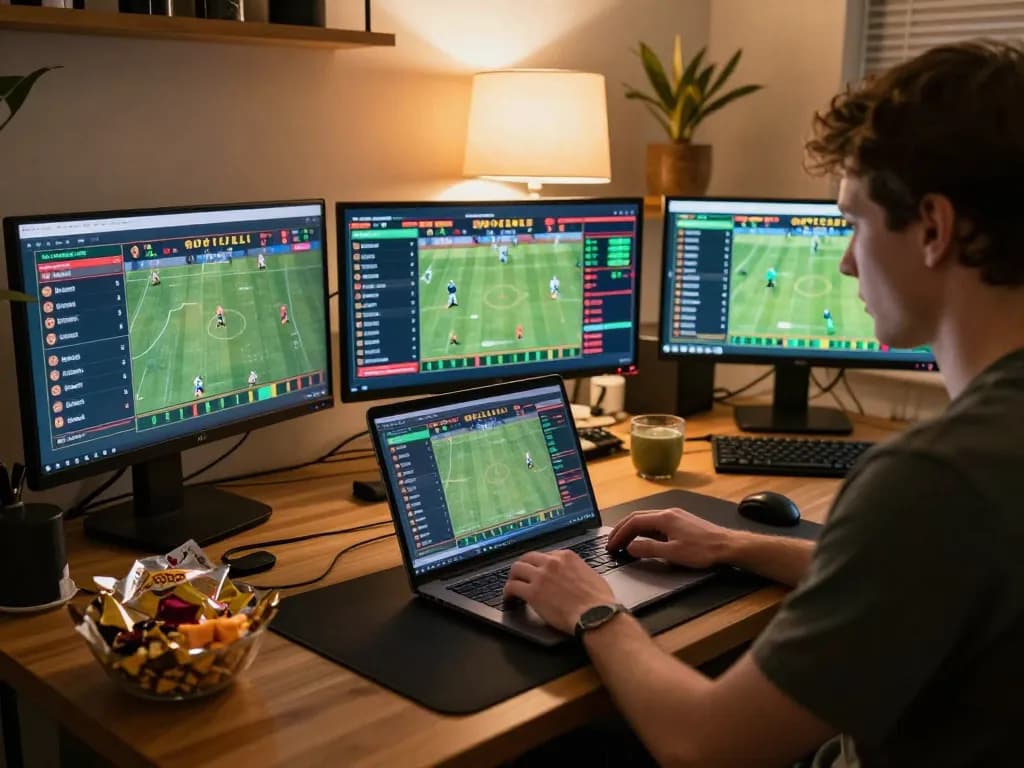 Player strategizing sports betting on LV88 portal with focused expression in cozy setting