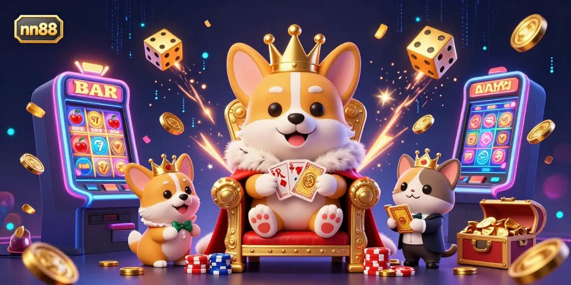 Experience the excitement of nn88 with a royal corgi on a poker chip throne amidst jackpots and dynamic gaming elements.