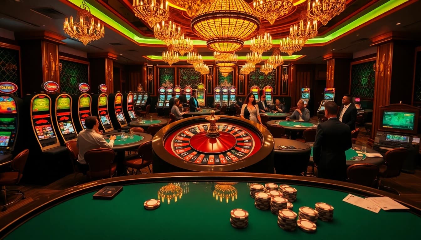 Players enjoy excitement at f168biz.com in a lively casino with roulette and slots.