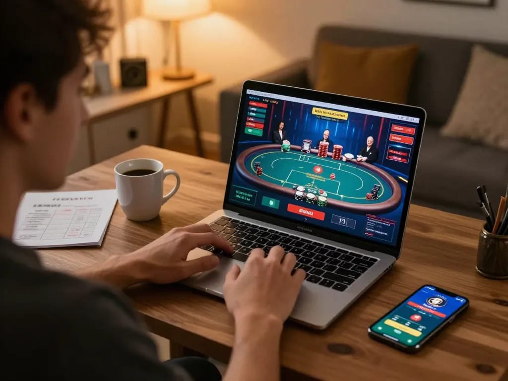 Experience thrilling online poker action with SUNWIN in a cozy home gaming setup.