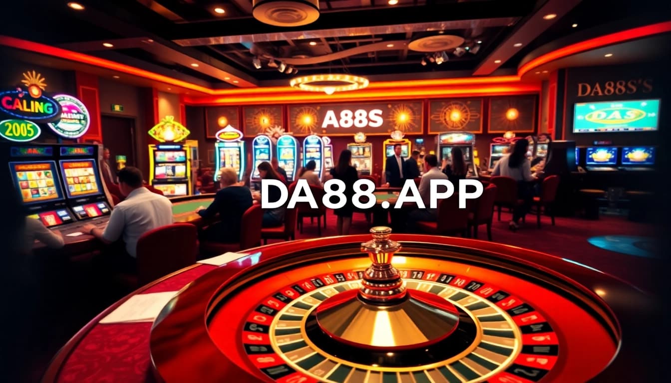 Engage with the thrilling atmosphere of DA88S.APP at a luxury casino, featuring poker tables and slot machines.