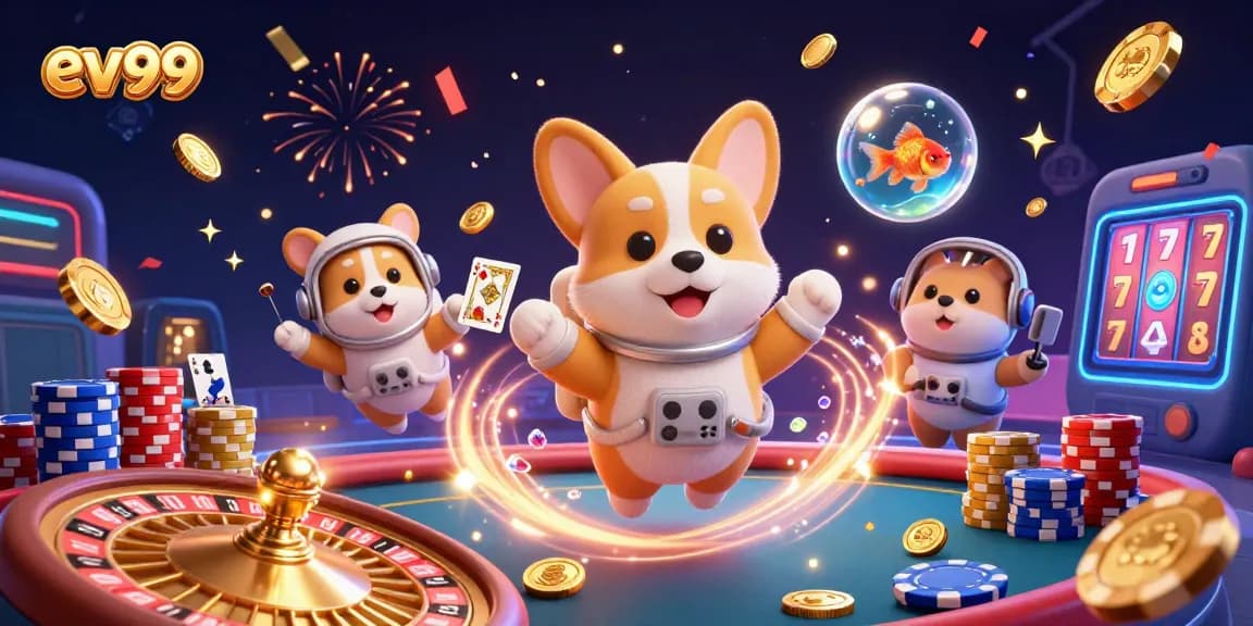 Experience the thrill of ev99 casino games with a floating astronaut corgi and animated elements.