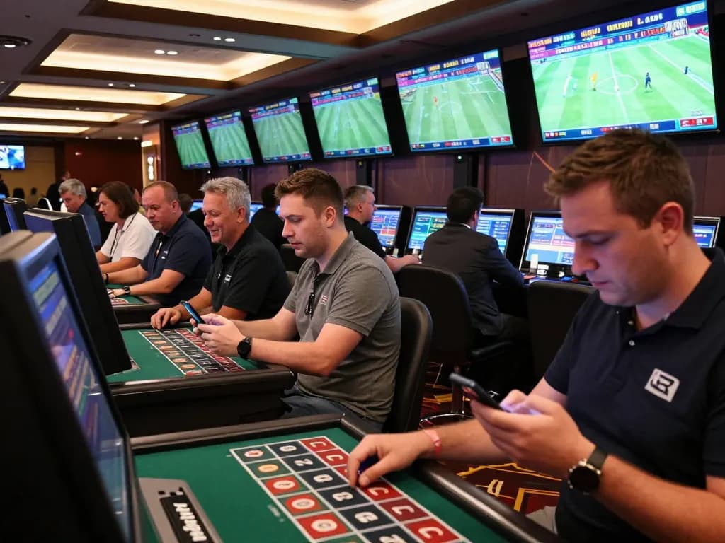 Excited bettors engaging at keonhacaii88 sports betting area with live match screens and dynamic atmosphere.