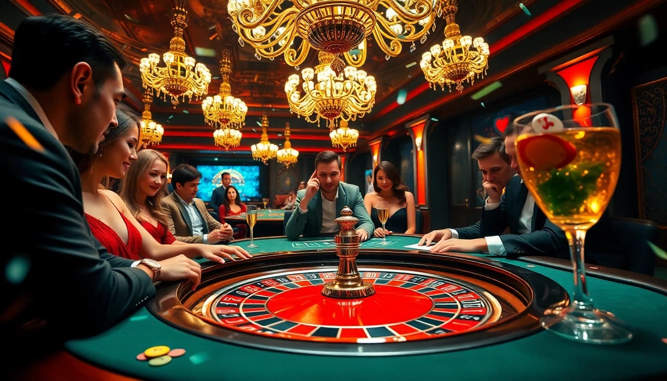 Players strategize around the TG888 casino table amidst a vibrant gaming atmosphere.