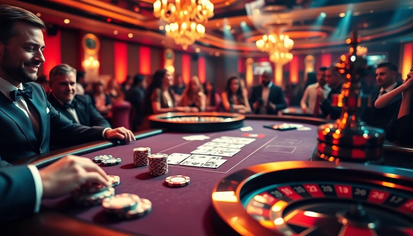Players enjoying a thrilling casino experience at 789club, focused on a high-stakes poker game.