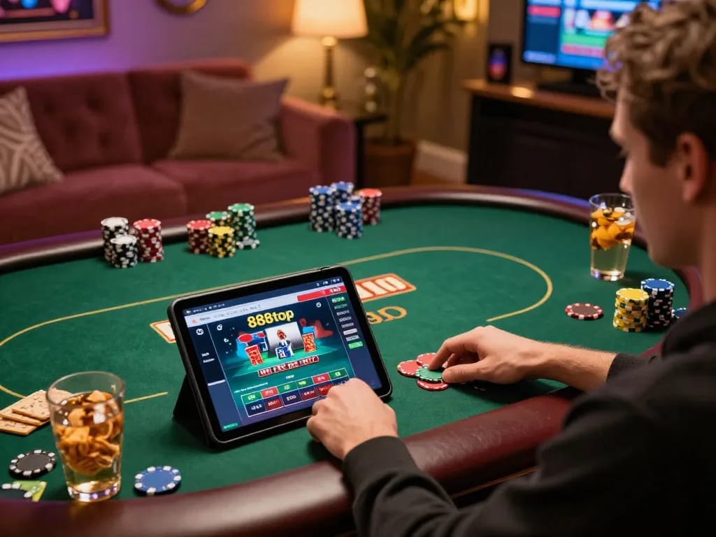 Engaged player exploring exciting features on the 888top homepage while enjoying online poker gaming experience.