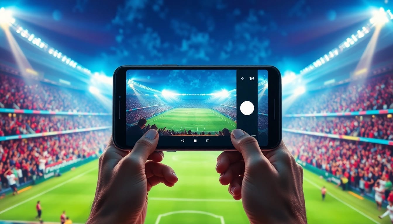 Socolive streaming a live football match with vibrant fans and a smartphone showing the app interface.