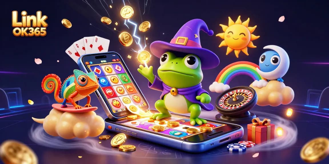 Engage with Link OK365 as a whimsical frog wizard conjures golden coins amid vibrant casino elements.