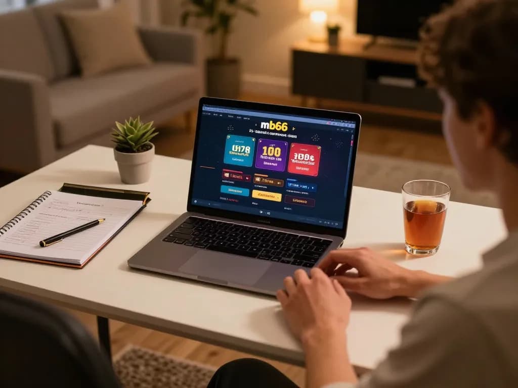 Engaging with mb66 casino on a laptop in a cozy home environment, highlighting responsible gaming.