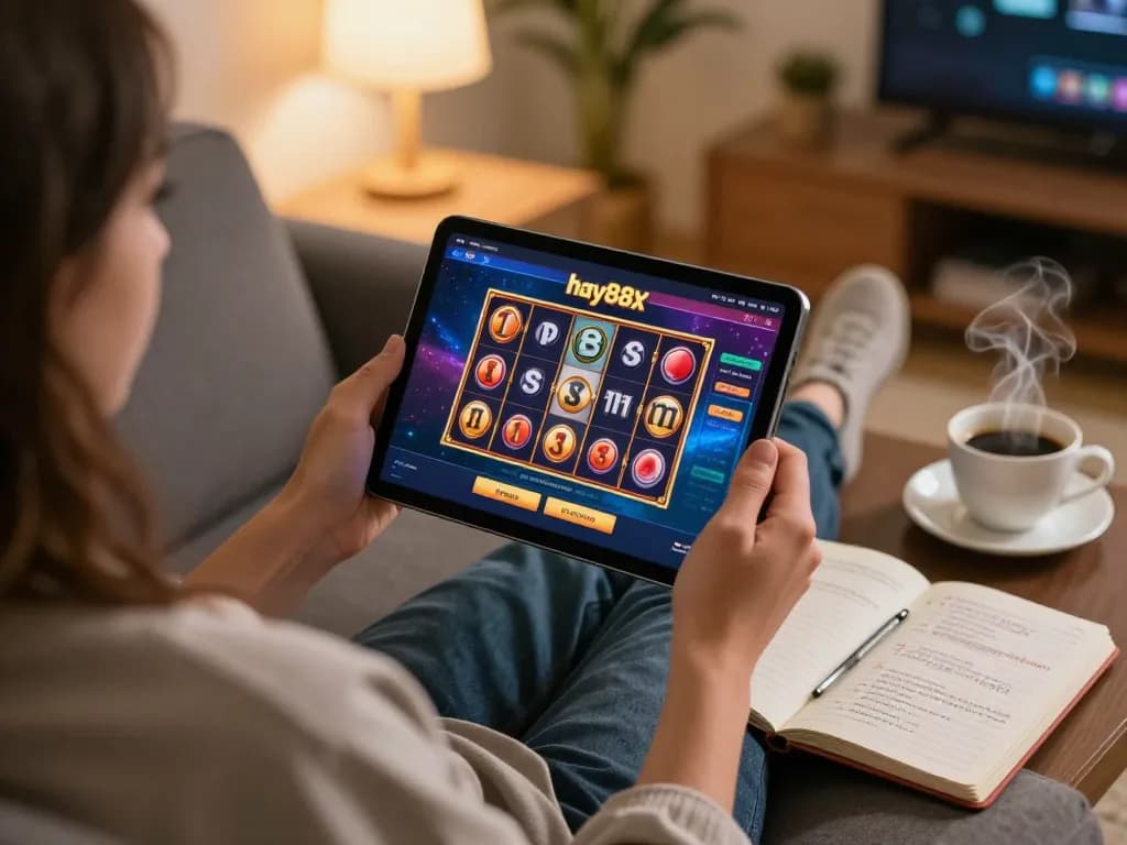 Player enjoying online gaming at home on hay88x with vibrant tablet display and cozy atmosphere