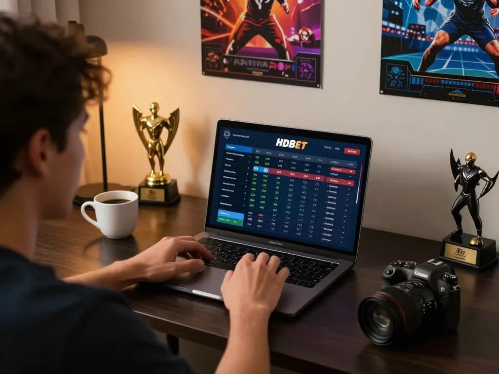 Person engaging with sports betting on HDBET laptop, showcasing vibrant betting interface and cozy environment