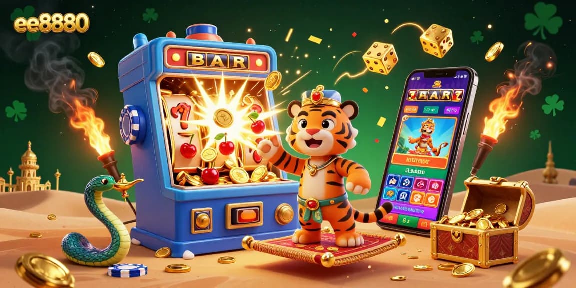 Experience the excitement of ee8880 with a vibrant, dynamic casino-themed scene filled with jackpots, games, and golden treasures.