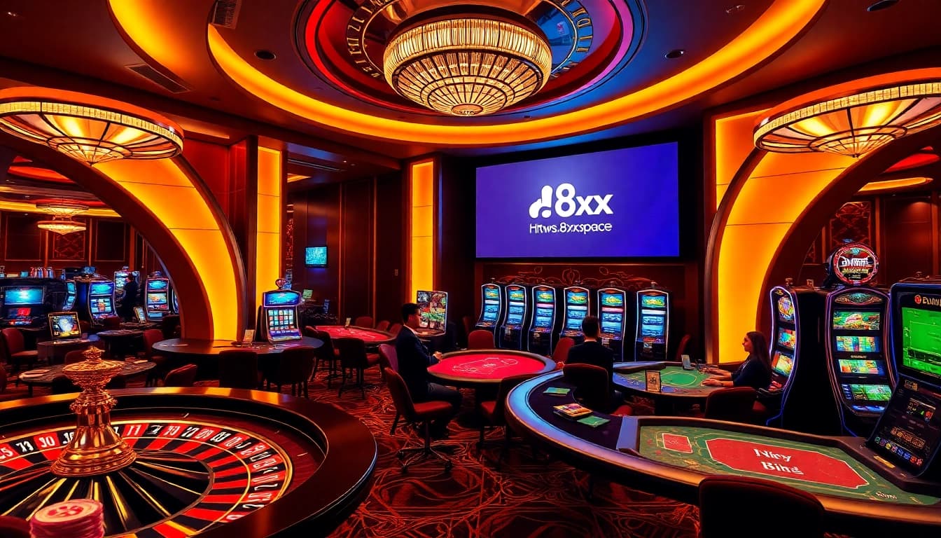 An immersive casino experience at https://8xx.space/ with players enjoying poker tables and a lit-up slot machine.
