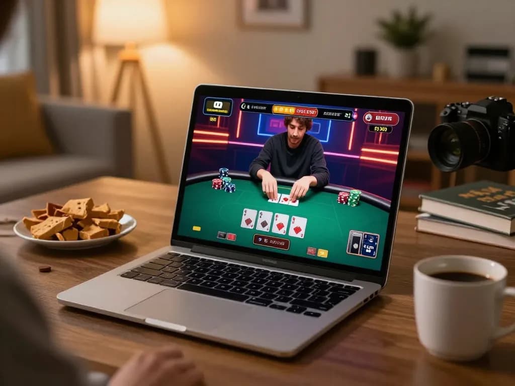 Engaged player strategizing while playing agen casino online on laptop at home with snacks.