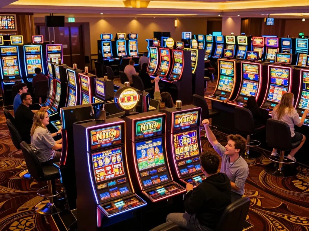 Players cheering as they spin colorful slot machines in a lively casino atmosphere.