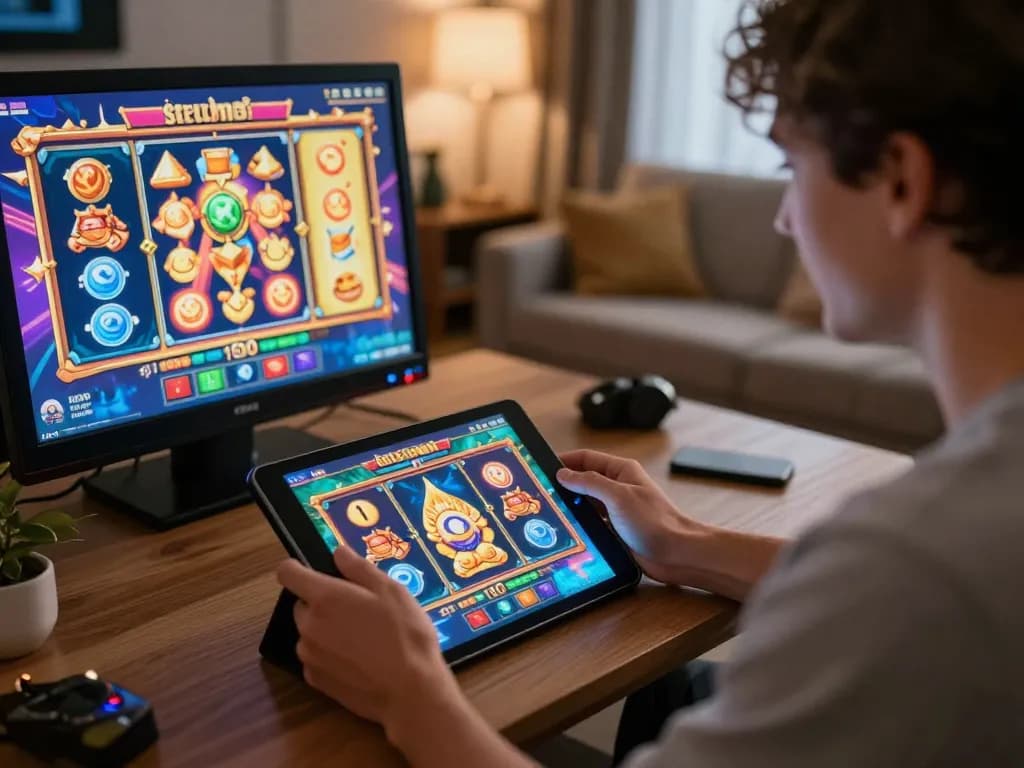 Player enjoying an exciting 9BET slot machine game on a tablet, capturing moments of anticipation