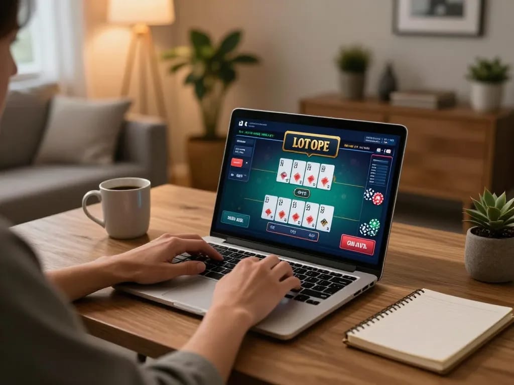 Engaged user playing poker on five88 online casino from a stylish home setup with cards and chips